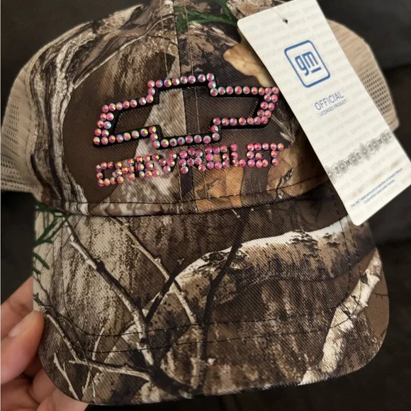 Chevy Bling Camo Cap Hot Pink Iridescent Rhinestones Size OSFM New!